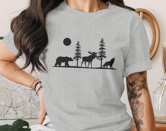 Bear Moose Wolf T-Shirt Unisex Alaska Animals Wildlife Hiking Camping Nature Lover Tee