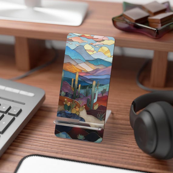 Cactus Stained Glass Style Phone Stand Western Landscape Vintage Mobile Display Stand for Smartphones