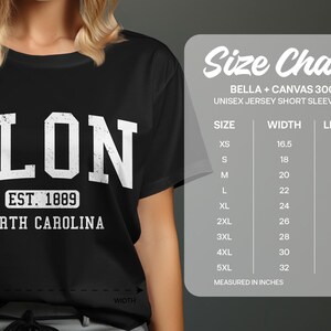T-shirt with "Elon Est. 1889 North Carolina" and a size chart.