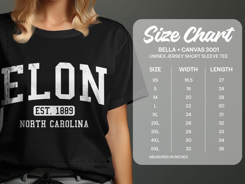T-shirt with "Elon Est. 1889 North Carolina" and a size chart.