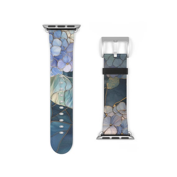 Blue Hydrangea Stained Glass Apple Watch Band Vegan Faux Leather Vintage Flower Pattern Artful Trendy Aesthetic Gift Idea Floral Watch Band