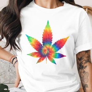 Vibrant Tie Dye Cannabis Leaf T-Shirt Unisex Tee, Psychedelic Hippie Weed Print Shirt, Retro Festival Stoner Gift