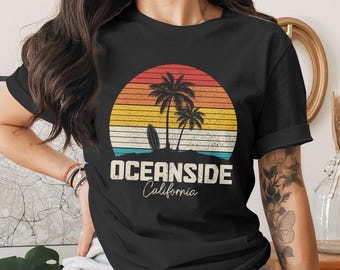 Unisex T-Shirt: Oceanside California Retro Vintage Palm Tree Surfboard Sunset Graphic