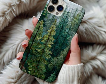Stained Glass Nature Phone Case Artful Trendy Sage Green Landscape Pine Tree Forest Gift Samsung Iphone 13 14 15 16 17 Pro Casing Tough Case