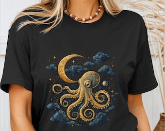 Octopus Shirt Crescent Moon Dark Maximalist Moody Octopus Kraken T-Shirt Enchanting Celestial Ocean Animal Lover Octopus Gifts Tshirt