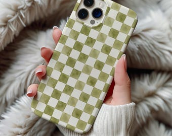 Sage Green Checkered MagSafe Phone Case Magnetic iPhone 16 17 15 14 Pro Max Galaxy S26 Watercolor Neutral Checker Cover