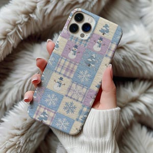 冬のキルト柄 MagSafe対応スマホケース かわいい雪だるま パステルパッチワーク iPhone 16 15 14 Pro Max Galaxy S26 ホリデーギフト コテージコア風スマホカバー