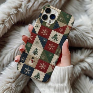 Weihnachtliche MagSafe-Handyhülle mit Print und Magnetverschluss für iPhone 16, 15, 14 Pro Max und Galaxy S26 – Rustikales Patchwork-Design mit Schneemann-Motiv – Gemütliche Winterhülle
