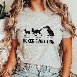 May include: A gray t-shirt with a black graphic of a boxer dog evolution. The graphic shows a puppy, a dinosaur, and a full-grown boxer dog. The text below the graphic reads "0-6 months", "6-36 months", "36+ months", and "Boxer Evolution".
