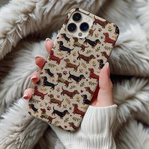 Dachshund Phone Case MagSafe iPhone 14 15 16 17 Pro Max Samsung Galaxy S26 Cover | Wiener Dog Lover | Faux Embroidered Pet Print