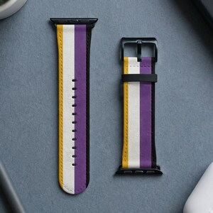 May include: A two-piece watch band featuring a vertical striped pattern in yellow, white, purple, and black. The band includes black metal hardware, including a buckle and connectors, designed to attach to a digital watch face securely.