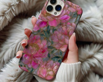 Peony Flower Stained Glass Phone Case Pink Peonies Wildflower Floral Artful Vintage Case Gift Iphone 13 14 15 16 Casing Tough Phone Cases