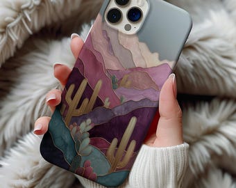 Cactus Stained Glass Print Phone Case Western Landscape Iphone 13 14 15 16 17 Pro Max Air & Samsung Galaxy S26 Tough Cases