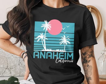 Anaheim California Retro Sunset Palm Tree Striped Unisex T-Shirt Beach Vacation Style