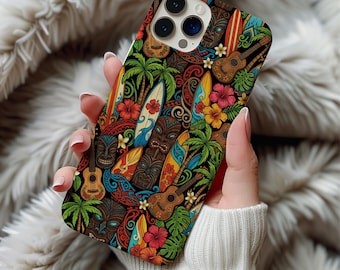 Hawaii MagSafe Phone Case Magnetic iPhone 13 14 15 16 17 Pro Max S26 Cover | Tropical Hawaiian Tiki Surf Ukulele Design