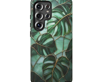 Monstera Leaves Stained Glass Phone Case Dark Sage Green Iphone 13 14 15 16 17 Pro Max Air Samsung Galaxy S26 Tough Cases