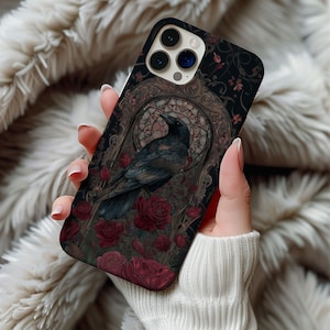Stained Glass Black Crow Raven Phone Case Artful Witchy Goth Vintage Flowers Floral Goth Gift Samsung Iphone 13 14 15 16 Casing Tough Case