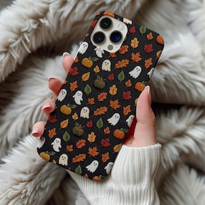 Spooky Cute Ghost MagSafe Halloween Phone Case Printed Autumn Fall Leaves iPhone 14 15 16 17 Pro Max Samsung Galaxy S26