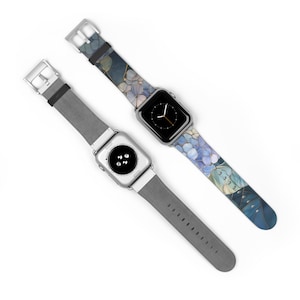 Blue Hydrangea Stained Glass Apple Watch Band Vegan Faux Leather Vintage Flower Pattern Artful Trendy Aesthetic Gift Idea Floral Watch Band image 3