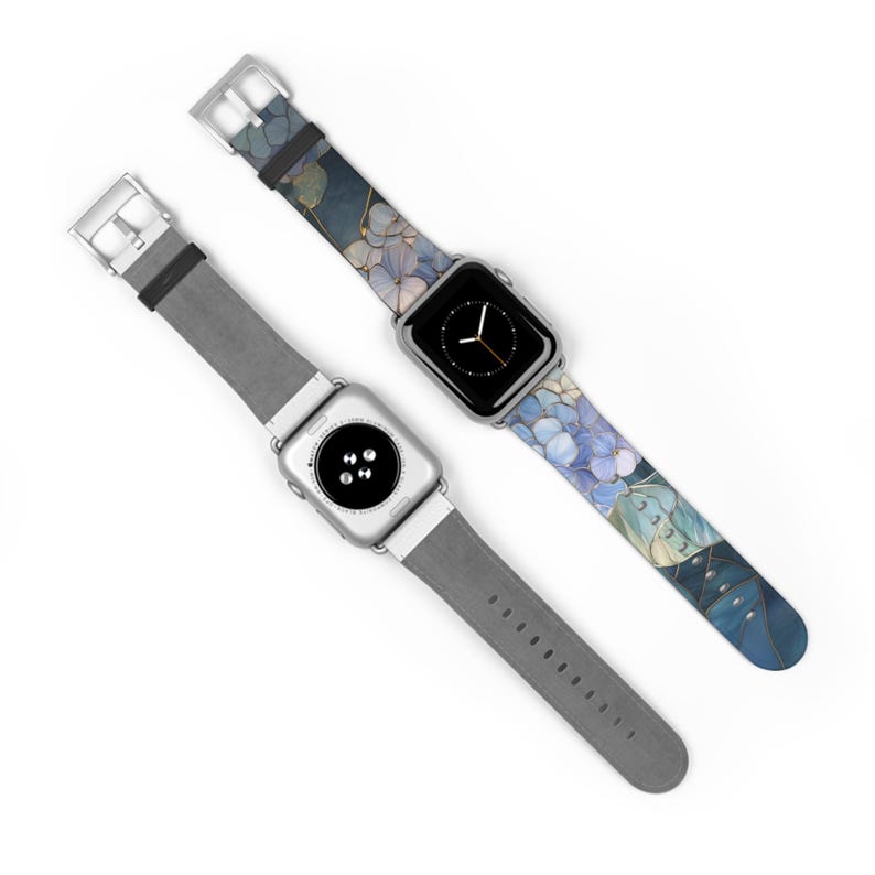 Blue Hydrangea Stained Glass Apple Watch Band Vegan Faux Leather Vintage Flower Pattern Artful Trendy Aesthetic Gift Idea Floral Watch Band image 3