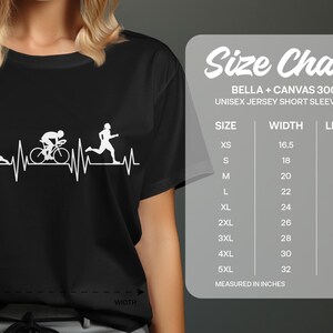 Black t-shirt with heart rate graphic and unisex t-shirt size chart.