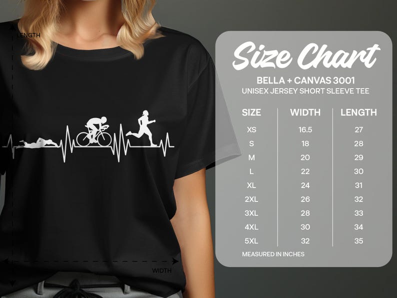 Black t-shirt with heart rate graphic and unisex t-shirt size chart.