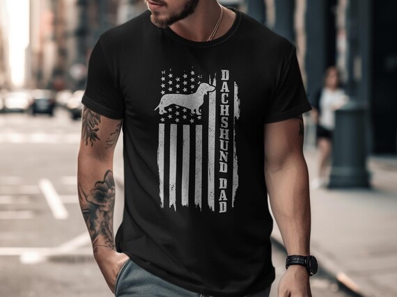 Unisex T-Shirt Dachshund Dad American Flag Distressed Dog Owner Wiener Design Graphic