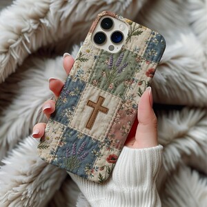 Christian Cross MagSafe Phone Case Printed Magnetic iPhone 14 15 16 17 Pro Max Galaxy S26 Cover Floral Quilt Faux Embroidery Cottagecore