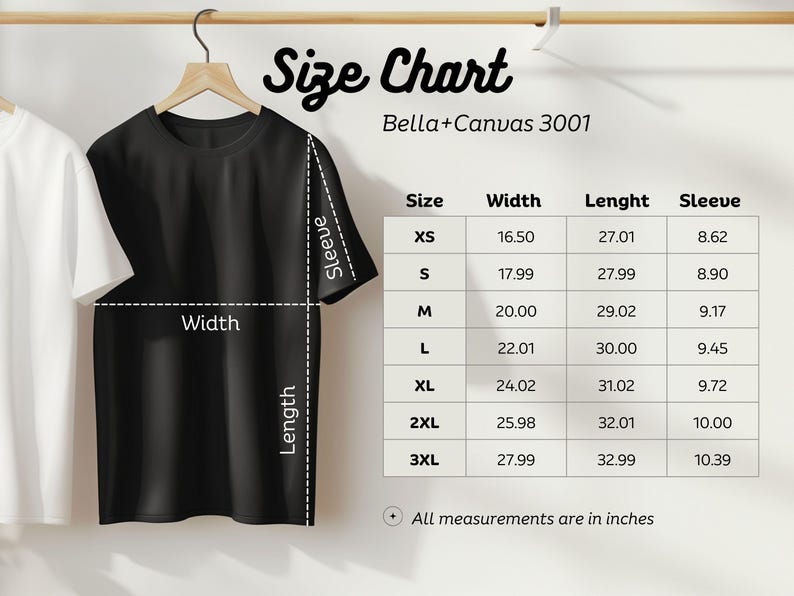 May include: Size chart for Bella + Canvas 3001 t-shirts, showing measurements in inches for width, length, and sleeve length for sizes XS to 3XL.
