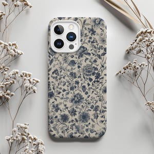 Capa de celular Chinoiserie com estampa de flores silvestres, vintage, azul, estética, floral, botânico, presente para iPhone 13, 14, 15, 16, capa resistente para celular