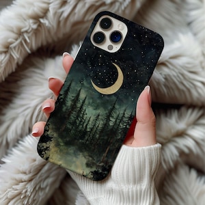 Custodia per telefono con luna crescente della foresta oscura, custodia per telefono con motivo stregonesco, elegante, alla moda, verde salvia celeste, per iPhone 13, 14, 15 e 16, resistente.