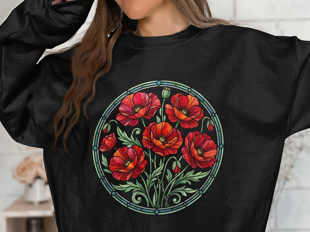 Poppy Floral Red Poppies Art Nouveau Stained Glass Botanical Design ...