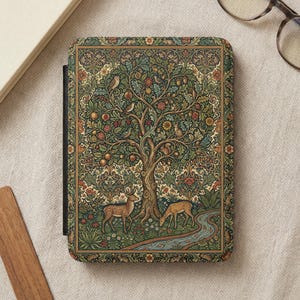 Arts and Crafts Kindle Paperwhite-hoes, William Morris-stijl levensboom, omslag betoverde bos dieren in het wild, vintage botanisch ontwerp, hert