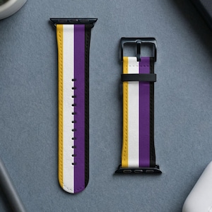 May include: A two-piece watch band featuring a vertical striped pattern in yellow, white, purple, and black. The band includes black hardware connectors and a black buckle, designed to attach to a smartwatch device with a secure locking mechanism.