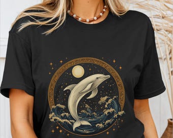 Dolphin Shirt Full Moon Dark Maximalist Moody T-Shirt Whimsical Celestial Ocean Animal Dolphin Lover Gifts Tshirt