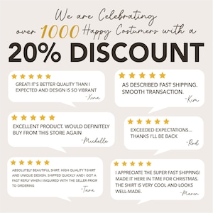 May include: An advertisement with the text "We are Celebrating over 1000 Happy Customers with a 20% Discount." Customer reviews are displayed in speech bubbles with star ratings and customer names.