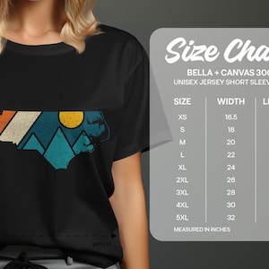 Unisex t-shirt size chart with width and length measurements for BELLA + CANVAS 3001.