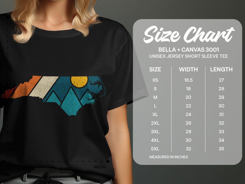 Unisex t-shirt size chart with width and length measurements for BELLA + CANVAS 3001.