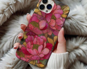 Pfingstrose Blume Glasmalerei Telefonkasten Rosa Pfingstrosen Wildblumen Blumen Kunstvolles Vintages Fall-Geschenk Iphone 13 14 15 16 Gehäuse Tough Phone Cases