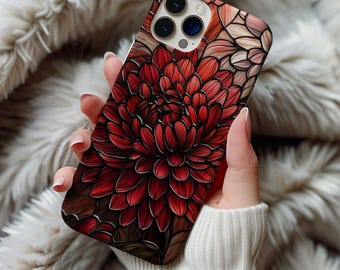 Rote Chrysantheme Buntglas Handyhülle November Geburt Blumen Mosaik Wildblumen Blumen Geschenk Iphone 13 14 15 16 Gehäuse Tough Phonecase