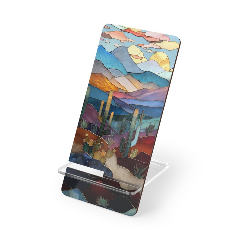 Cactus Stained Glass Style Phone Stand Western Landscape Vintage Mobile Display Stand for Smartphones image 2