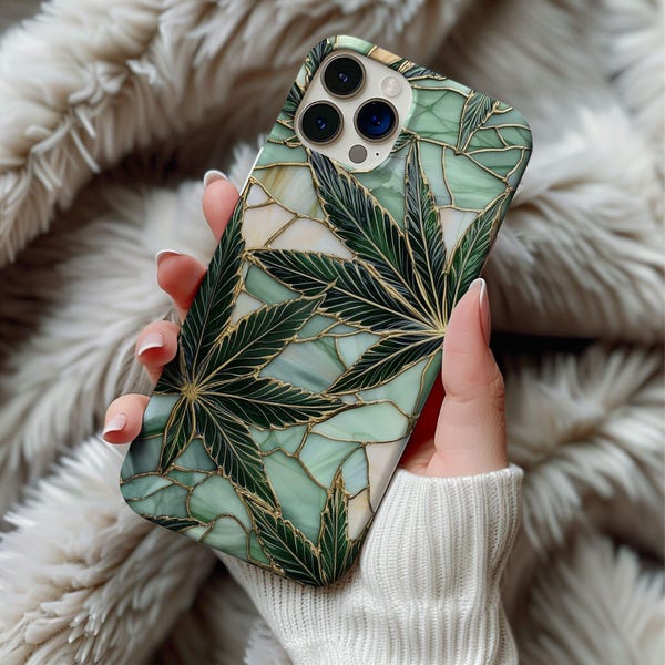 Stained Glass Cannabis Leaf Phone Case Art Deco Weed Pot Marijuana Stoner Artful Trendy Pothead Gift Iphone 13 14 15 16 17 Pro Tough Cases