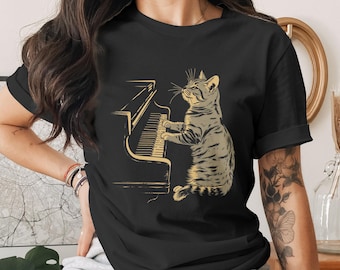 Tabby Cat Piano Player T-Shirt Unisex Tee Music Lover Feline Design