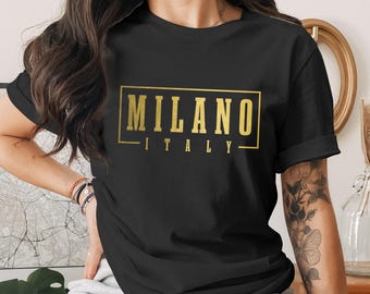 Milano Italy Gold Text Unisex T-Shirt, Italian Fashion City Tee, European Travel Shirt, Luxury Milan Vacation Gift, Stylish Italy Souvenir