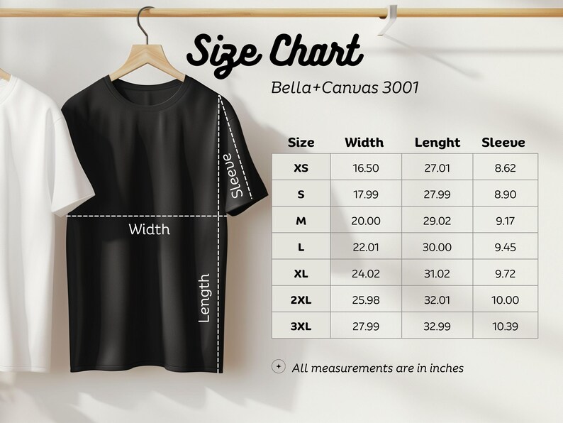 K&ouml;nnte beinhalten: Gr&ouml;&szlig;entabelle f&uuml;r Bella + Canvas 3001 T-Shirts, mit Ma&szlig;en in Zoll f&uuml;r Breite, L&auml;nge und &Auml;rmell&auml;nge f&uuml;r die Gr&ouml;&szlig;en XS bis 3XL.