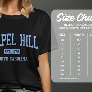 Chapel Hill, North Carolina graphic on a black t-shirt with size chart.