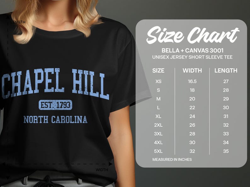 Chapel Hill, North Carolina graphic on a black t-shirt with size chart.