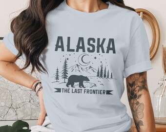 Alaska The Last Frontier Bear T-Shirt Unisex Tee, Wilderness Mountains Moon Stars Design