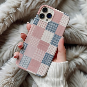 Patchwork Plaid MagSafe Phone Case Magnetic iPhone 14 15 16 17 18 Pro Max Galaxy S26 Cover, Cute Cottagecore Pink Blue Gingham Aesthetic
