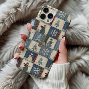 Winter Quilt Snowman MagSafe Phone Case Printed Magnetic iPhone 14 15 16 17 18 Pro Max Galaxy S26 Cover Rustic Holiday Christmas Gift